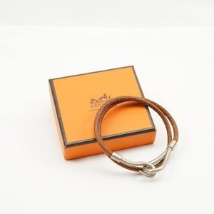 Hermes Brown Leather Palladium Plated Metal Jumbo Hook Double Tour Wrap Bracelet